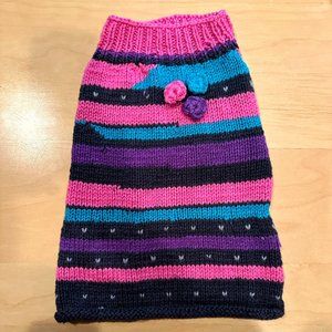 Knitted Striped Pullover Dog Sweater with Crocheted Flowers Size Large